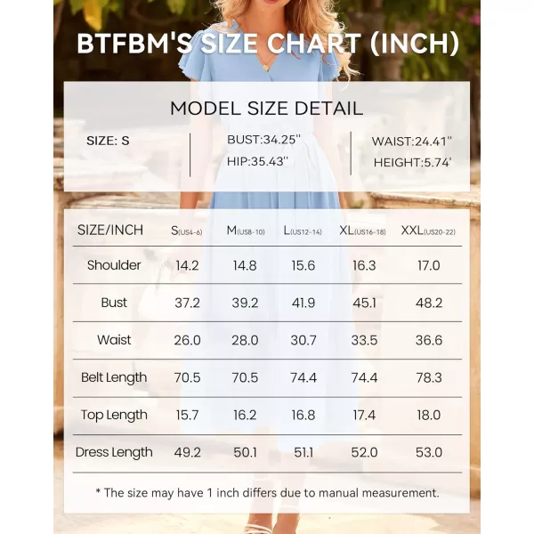 imageBTFBM Women Summer Bohemian Floral Casual Wrap V Neck Ruffle Cap Sleeveless Belt ALine Pleated Hem Swing Midi Sun DressSolid Light Blue