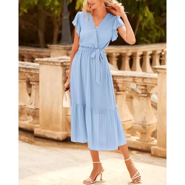 imageBTFBM Women Summer Bohemian Floral Casual Wrap V Neck Ruffle Cap Sleeveless Belt ALine Pleated Hem Swing Midi Sun DressSolid Light Blue