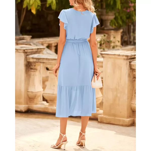 imageBTFBM Women Summer Bohemian Floral Casual Wrap V Neck Ruffle Cap Sleeveless Belt ALine Pleated Hem Swing Midi Sun DressSolid Light Blue