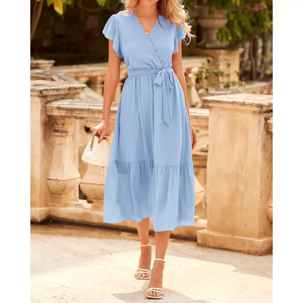imageBTFBM Women Summer Bohemian Floral Casual Wrap V Neck Ruffle Cap Sleeveless Belt ALine Pleated Hem Swing Midi Sun DressSolid Light Blue