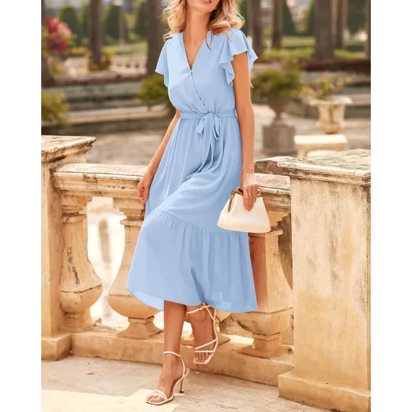 imageBTFBM Women Summer Bohemian Floral Casual Wrap V Neck Ruffle Cap Sleeveless Belt ALine Pleated Hem Swing Midi Sun DressSolid Light Blue