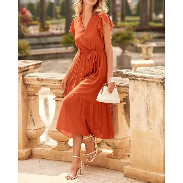 imageBTFBM Women Summer Bohemian Floral Casual Wrap V Neck Ruffle Cap Sleeveless Belt ALine Pleated Hem Swing Midi Sun DressSolid Orange Red