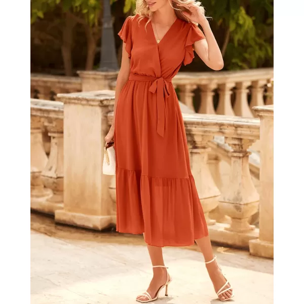imageBTFBM Women Summer Bohemian Floral Casual Wrap V Neck Ruffle Cap Sleeveless Belt ALine Pleated Hem Swing Midi Sun DressSolid Orange Red