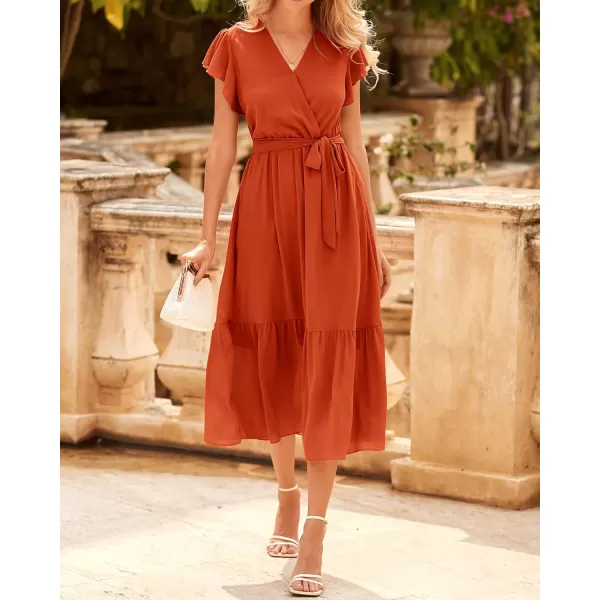 imageBTFBM Women Summer Bohemian Floral Casual Wrap V Neck Ruffle Cap Sleeveless Belt ALine Pleated Hem Swing Midi Sun DressSolid Orange Red
