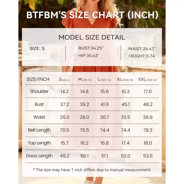 imageBTFBM Women Summer Bohemian Floral Casual Wrap V Neck Ruffle Cap Sleeveless Belt ALine Pleated Hem Swing Midi Sun DressSolid Orange Red