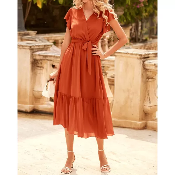 imageBTFBM Women Summer Bohemian Floral Casual Wrap V Neck Ruffle Cap Sleeveless Belt ALine Pleated Hem Swing Midi Sun DressSolid Orange Red