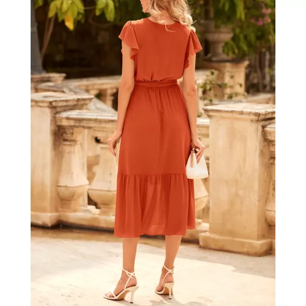 imageBTFBM Women Summer Bohemian Floral Casual Wrap V Neck Ruffle Cap Sleeveless Belt ALine Pleated Hem Swing Midi Sun DressSolid Orange Red