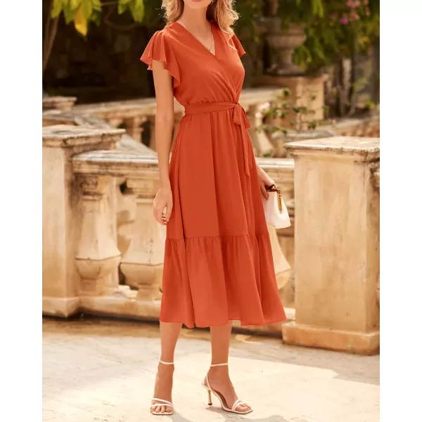 imageBTFBM Women Summer Bohemian Floral Casual Wrap V Neck Ruffle Cap Sleeveless Belt ALine Pleated Hem Swing Midi Sun DressSolid Orange Red