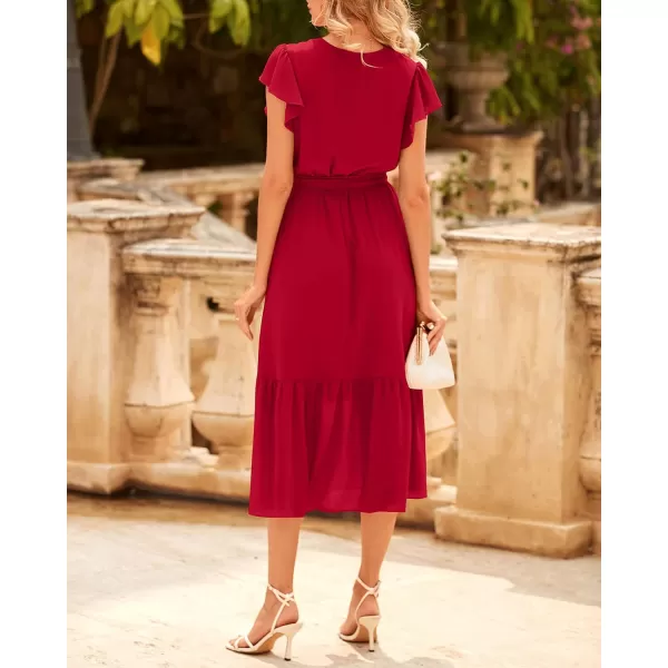 imageBTFBM Women Summer Bohemian Floral Casual Wrap V Neck Ruffle Cap Sleeveless Belt ALine Pleated Hem Swing Midi Sun DressSolid Red
