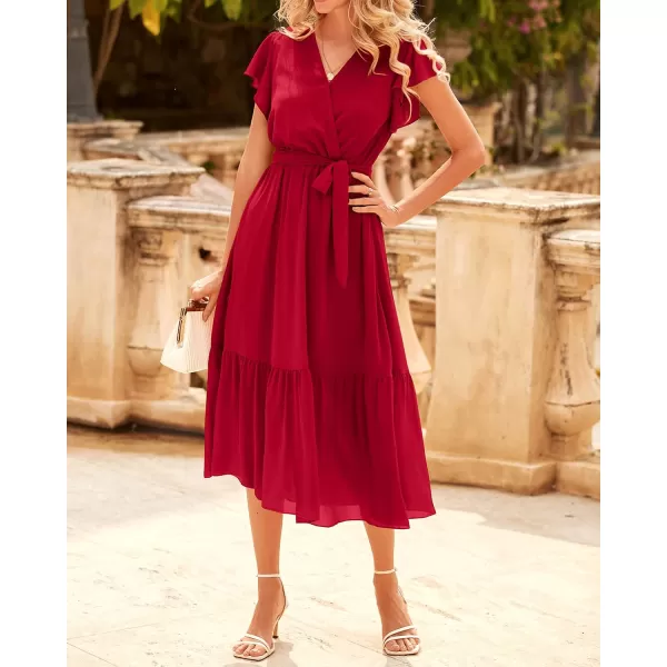 imageBTFBM Women Summer Bohemian Floral Casual Wrap V Neck Ruffle Cap Sleeveless Belt ALine Pleated Hem Swing Midi Sun DressSolid Red