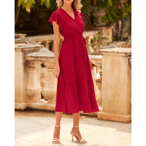 imageBTFBM Women Summer Bohemian Floral Casual Wrap V Neck Ruffle Cap Sleeveless Belt ALine Pleated Hem Swing Midi Sun DressSolid Red