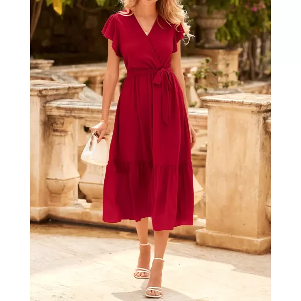 imageBTFBM Women Summer Bohemian Floral Casual Wrap V Neck Ruffle Cap Sleeveless Belt ALine Pleated Hem Swing Midi Sun DressSolid Red