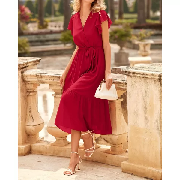 imageBTFBM Women Summer Bohemian Floral Casual Wrap V Neck Ruffle Cap Sleeveless Belt ALine Pleated Hem Swing Midi Sun DressSolid Red