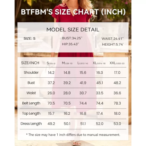 imageBTFBM Women Summer Bohemian Floral Casual Wrap V Neck Ruffle Cap Sleeveless Belt ALine Pleated Hem Swing Midi Sun DressSolid Red