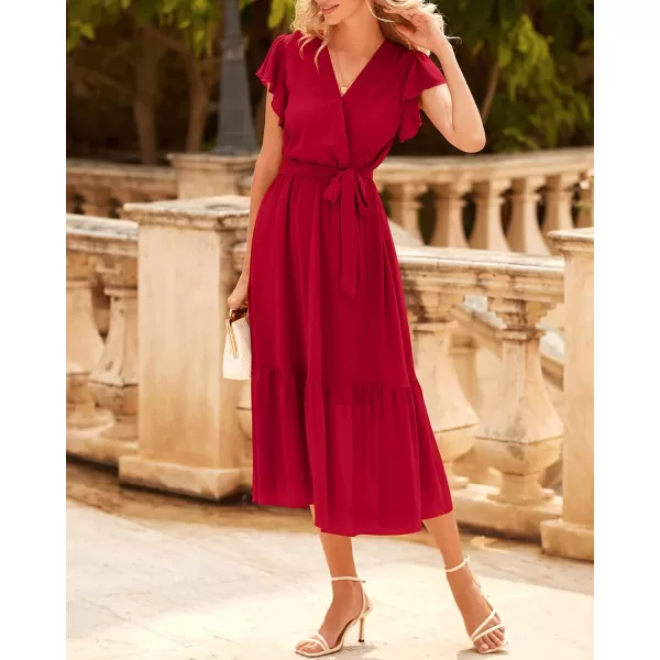 imageBTFBM Women Summer Bohemian Floral Casual Wrap V Neck Ruffle Cap Sleeveless Belt ALine Pleated Hem Swing Midi Sun DressSolid Red