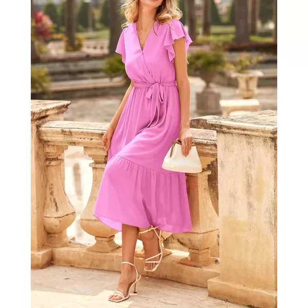 imageBTFBM Women Summer Bohemian Floral Casual Wrap V Neck Ruffle Cap Sleeveless Belt ALine Pleated Hem Swing Midi Sun DressSolid Rose Pink