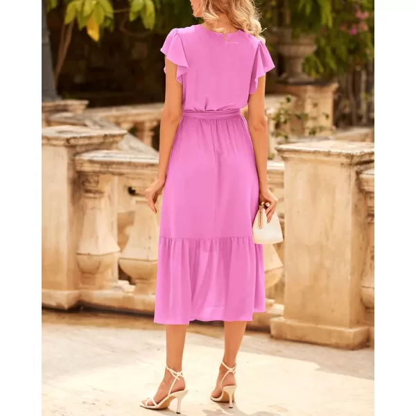 imageBTFBM Women Summer Bohemian Floral Casual Wrap V Neck Ruffle Cap Sleeveless Belt ALine Pleated Hem Swing Midi Sun DressSolid Rose Pink