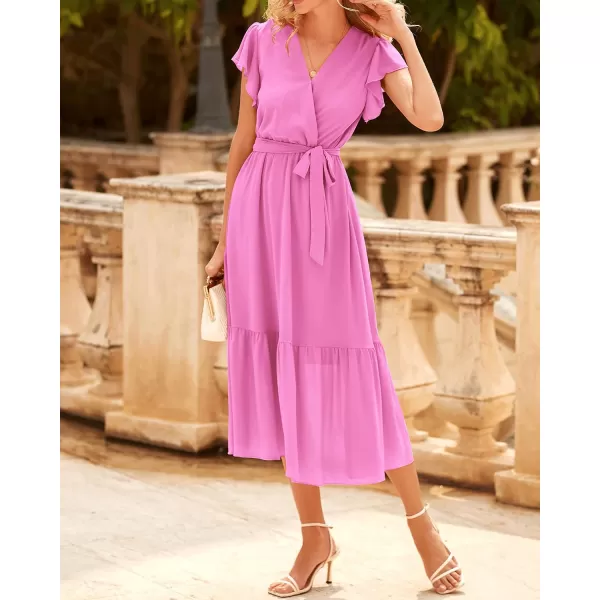 imageBTFBM Women Summer Bohemian Floral Casual Wrap V Neck Ruffle Cap Sleeveless Belt ALine Pleated Hem Swing Midi Sun DressSolid Rose Pink