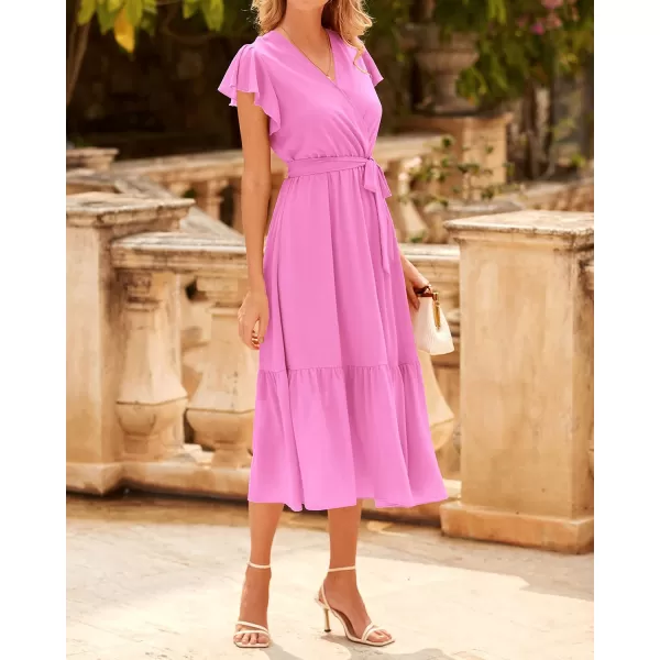 imageBTFBM Women Summer Bohemian Floral Casual Wrap V Neck Ruffle Cap Sleeveless Belt ALine Pleated Hem Swing Midi Sun DressSolid Rose Pink
