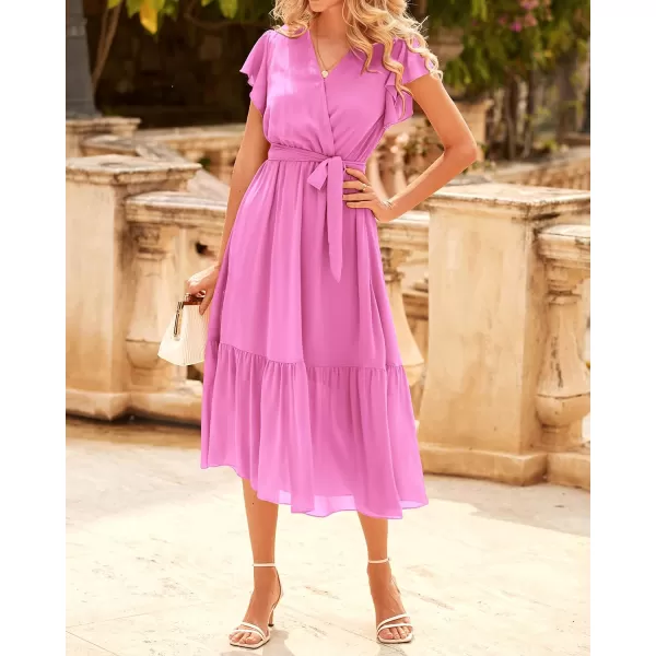 imageBTFBM Women Summer Bohemian Floral Casual Wrap V Neck Ruffle Cap Sleeveless Belt ALine Pleated Hem Swing Midi Sun DressSolid Rose Pink
