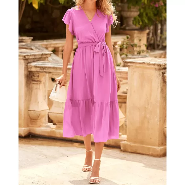 imageBTFBM Women Summer Bohemian Floral Casual Wrap V Neck Ruffle Cap Sleeveless Belt ALine Pleated Hem Swing Midi Sun DressSolid Rose Pink