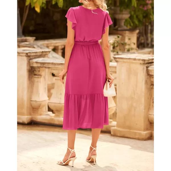 imageBTFBM Women Summer Bohemian Floral Casual Wrap V Neck Ruffle Cap Sleeveless Belt ALine Pleated Hem Swing Midi Sun DressSolid Rose Red