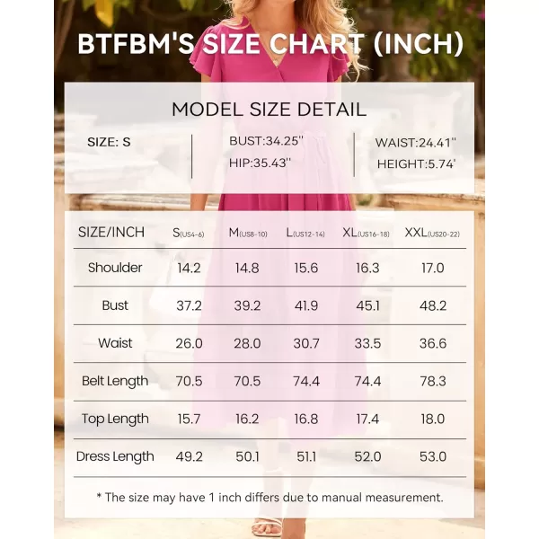 imageBTFBM Women Summer Bohemian Floral Casual Wrap V Neck Ruffle Cap Sleeveless Belt ALine Pleated Hem Swing Midi Sun DressSolid Rose Red