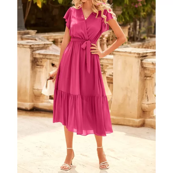 imageBTFBM Women Summer Bohemian Floral Casual Wrap V Neck Ruffle Cap Sleeveless Belt ALine Pleated Hem Swing Midi Sun DressSolid Rose Red