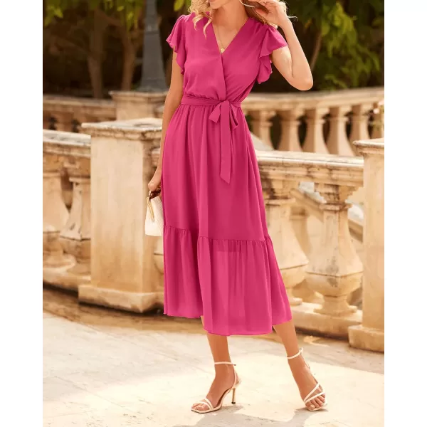 imageBTFBM Women Summer Bohemian Floral Casual Wrap V Neck Ruffle Cap Sleeveless Belt ALine Pleated Hem Swing Midi Sun DressSolid Rose Red