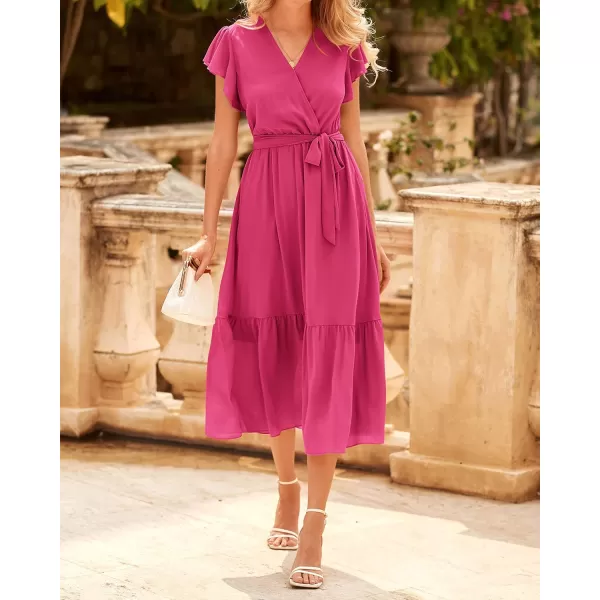 imageBTFBM Women Summer Bohemian Floral Casual Wrap V Neck Ruffle Cap Sleeveless Belt ALine Pleated Hem Swing Midi Sun DressSolid Rose Red