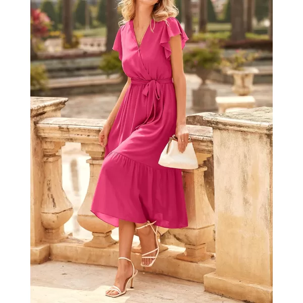 imageBTFBM Women Summer Bohemian Floral Casual Wrap V Neck Ruffle Cap Sleeveless Belt ALine Pleated Hem Swing Midi Sun DressSolid Rose Red
