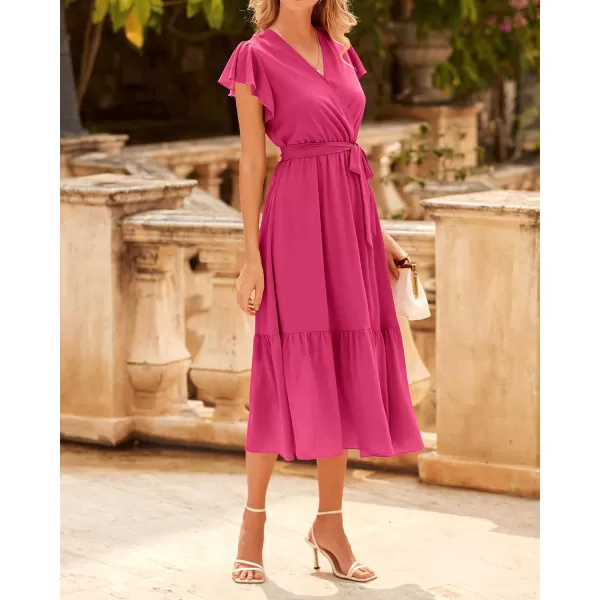 imageBTFBM Women Summer Bohemian Floral Casual Wrap V Neck Ruffle Cap Sleeveless Belt ALine Pleated Hem Swing Midi Sun DressSolid Rose Red