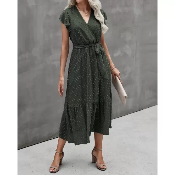 imageBTFBM Women Summer Bohemian Floral Casual Wrap V Neck Ruffle Cap Sleeveless Belt ALine Pleated Hem Swing Midi Sun DressSwiss Dot Army Green