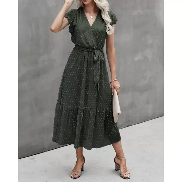 imageBTFBM Women Summer Bohemian Floral Casual Wrap V Neck Ruffle Cap Sleeveless Belt ALine Pleated Hem Swing Midi Sun DressSwiss Dot Army Green
