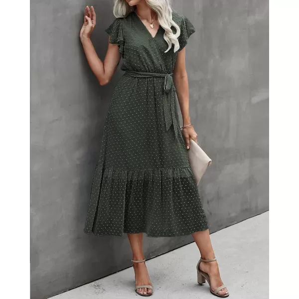 imageBTFBM Women Summer Bohemian Floral Casual Wrap V Neck Ruffle Cap Sleeveless Belt ALine Pleated Hem Swing Midi Sun DressSwiss Dot Army Green