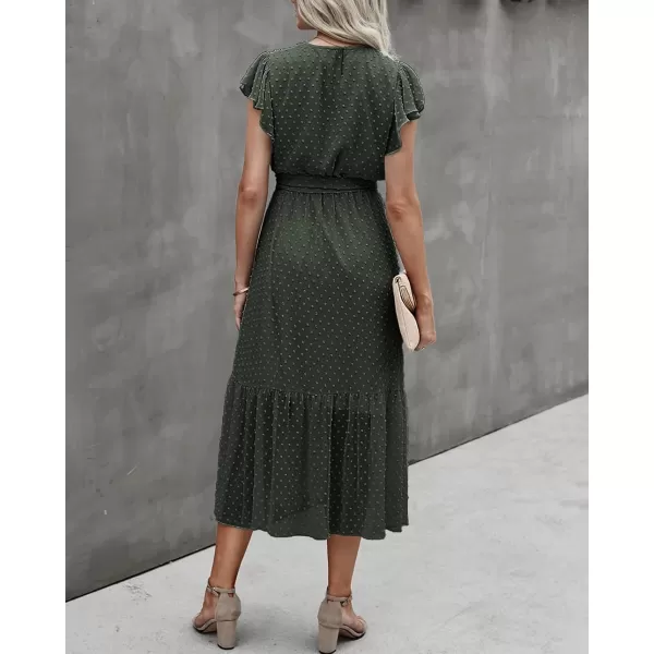 imageBTFBM Women Summer Bohemian Floral Casual Wrap V Neck Ruffle Cap Sleeveless Belt ALine Pleated Hem Swing Midi Sun DressSwiss Dot Army Green