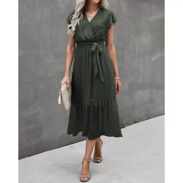 imageBTFBM Women Summer Bohemian Floral Casual Wrap V Neck Ruffle Cap Sleeveless Belt ALine Pleated Hem Swing Midi Sun DressSwiss Dot Army Green