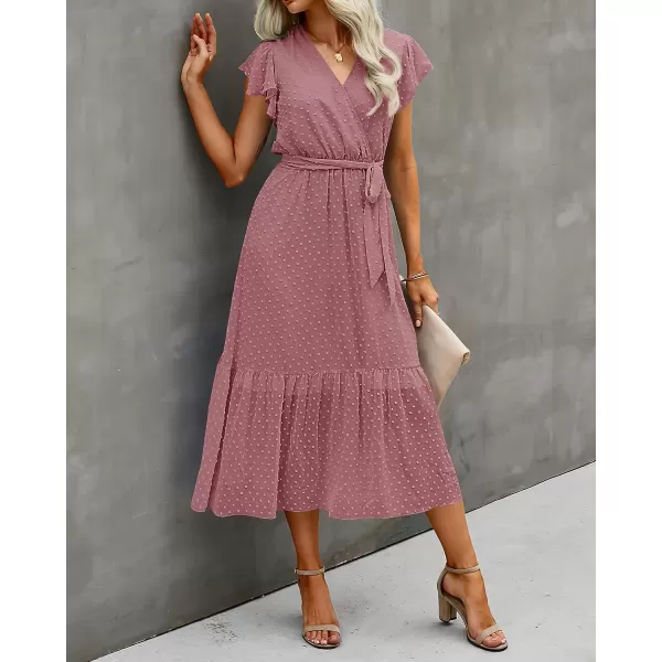 imageBTFBM Women Summer Bohemian Floral Casual Wrap V Neck Ruffle Cap Sleeveless Belt ALine Pleated Hem Swing Midi Sun DressSwiss Dot Bean Paste Red