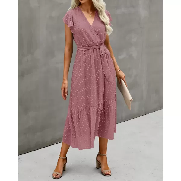 imageBTFBM Women Summer Bohemian Floral Casual Wrap V Neck Ruffle Cap Sleeveless Belt ALine Pleated Hem Swing Midi Sun DressSwiss Dot Bean Paste Red