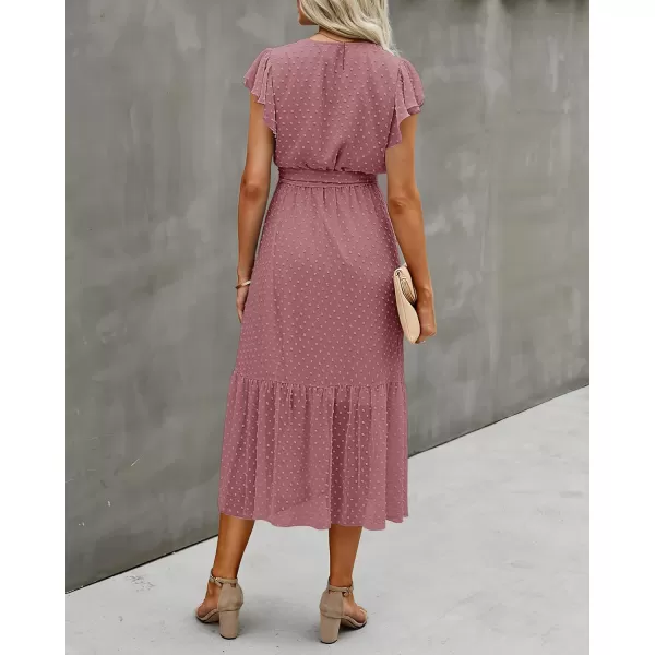 imageBTFBM Women Summer Bohemian Floral Casual Wrap V Neck Ruffle Cap Sleeveless Belt ALine Pleated Hem Swing Midi Sun DressSwiss Dot Bean Paste Red