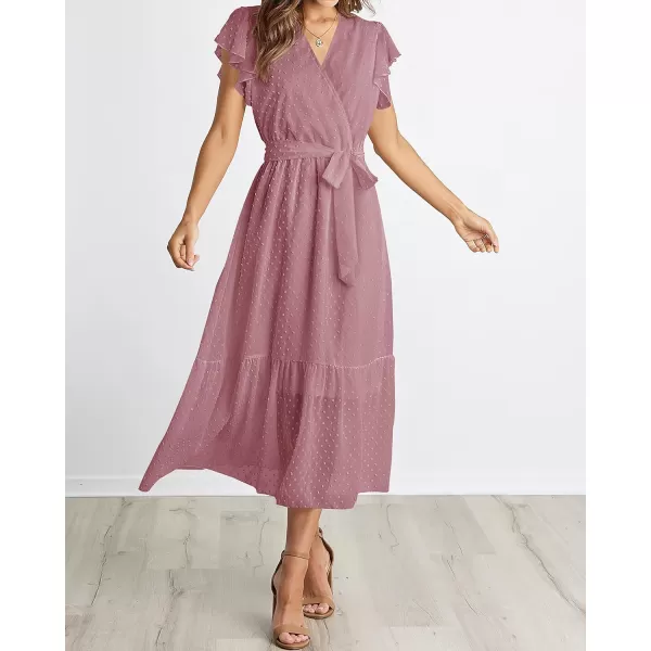 imageBTFBM Women Summer Bohemian Floral Casual Wrap V Neck Ruffle Cap Sleeveless Belt ALine Pleated Hem Swing Midi Sun DressSwiss Dot Bean Paste Red
