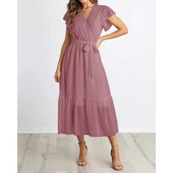 imageBTFBM Women Summer Bohemian Floral Casual Wrap V Neck Ruffle Cap Sleeveless Belt ALine Pleated Hem Swing Midi Sun DressSwiss Dot Bean Paste Red