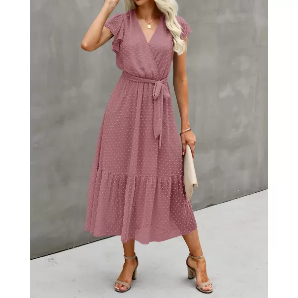 imageBTFBM Women Summer Bohemian Floral Casual Wrap V Neck Ruffle Cap Sleeveless Belt ALine Pleated Hem Swing Midi Sun DressSwiss Dot Bean Paste Red