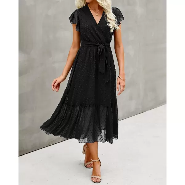 imageBTFBM Women Summer Bohemian Floral Casual Wrap V Neck Ruffle Cap Sleeveless Belt ALine Pleated Hem Swing Midi Sun DressSwiss Dot Black