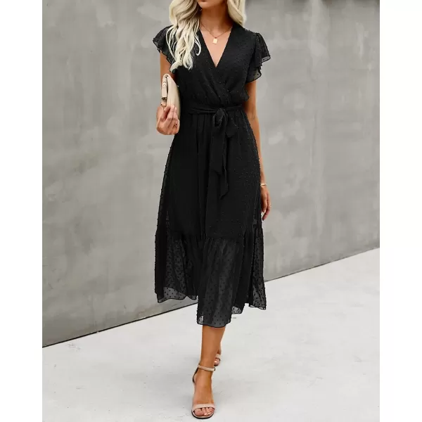 imageBTFBM Women Summer Bohemian Floral Casual Wrap V Neck Ruffle Cap Sleeveless Belt ALine Pleated Hem Swing Midi Sun DressSwiss Dot Black