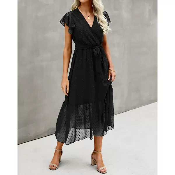 imageBTFBM Women Summer Bohemian Floral Casual Wrap V Neck Ruffle Cap Sleeveless Belt ALine Pleated Hem Swing Midi Sun DressSwiss Dot Black