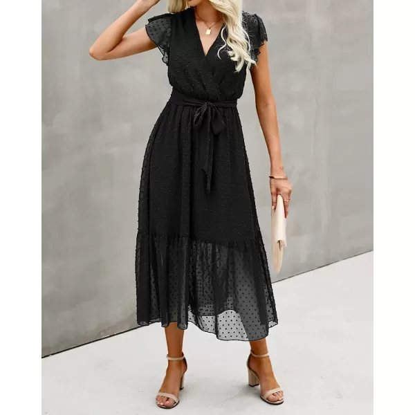 imageBTFBM Women Summer Bohemian Floral Casual Wrap V Neck Ruffle Cap Sleeveless Belt ALine Pleated Hem Swing Midi Sun DressSwiss Dot Black