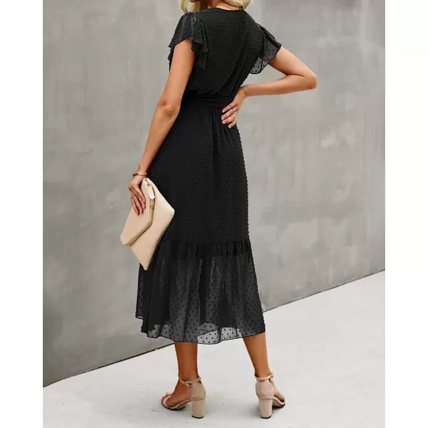 imageBTFBM Women Summer Bohemian Floral Casual Wrap V Neck Ruffle Cap Sleeveless Belt ALine Pleated Hem Swing Midi Sun DressSwiss Dot Black