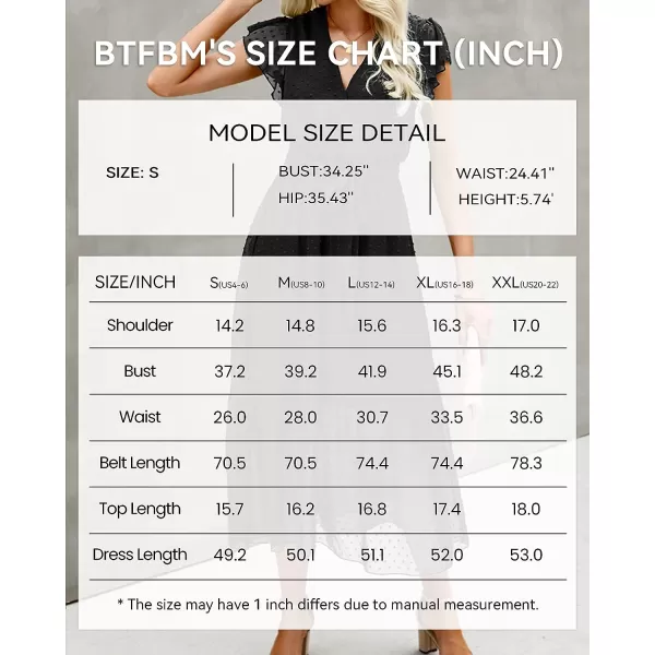 imageBTFBM Women Summer Bohemian Floral Casual Wrap V Neck Ruffle Cap Sleeveless Belt ALine Pleated Hem Swing Midi Sun DressSwiss Dot Black