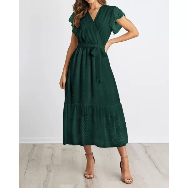 imageBTFBM Women Summer Bohemian Floral Casual Wrap V Neck Ruffle Cap Sleeveless Belt ALine Pleated Hem Swing Midi Sun DressSwiss Dot Dark Green